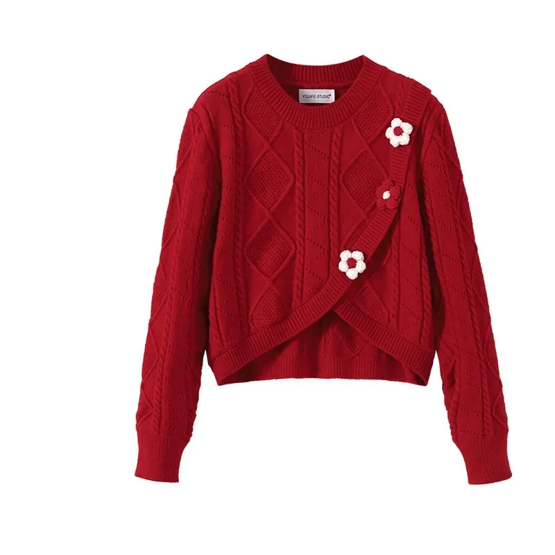 Kimotimo Red Twist Sweaters Women 2024 Autumn Winter Fashion Flowers lrregular Pullover Vintage Gentle Slim Knitwear Short Tops