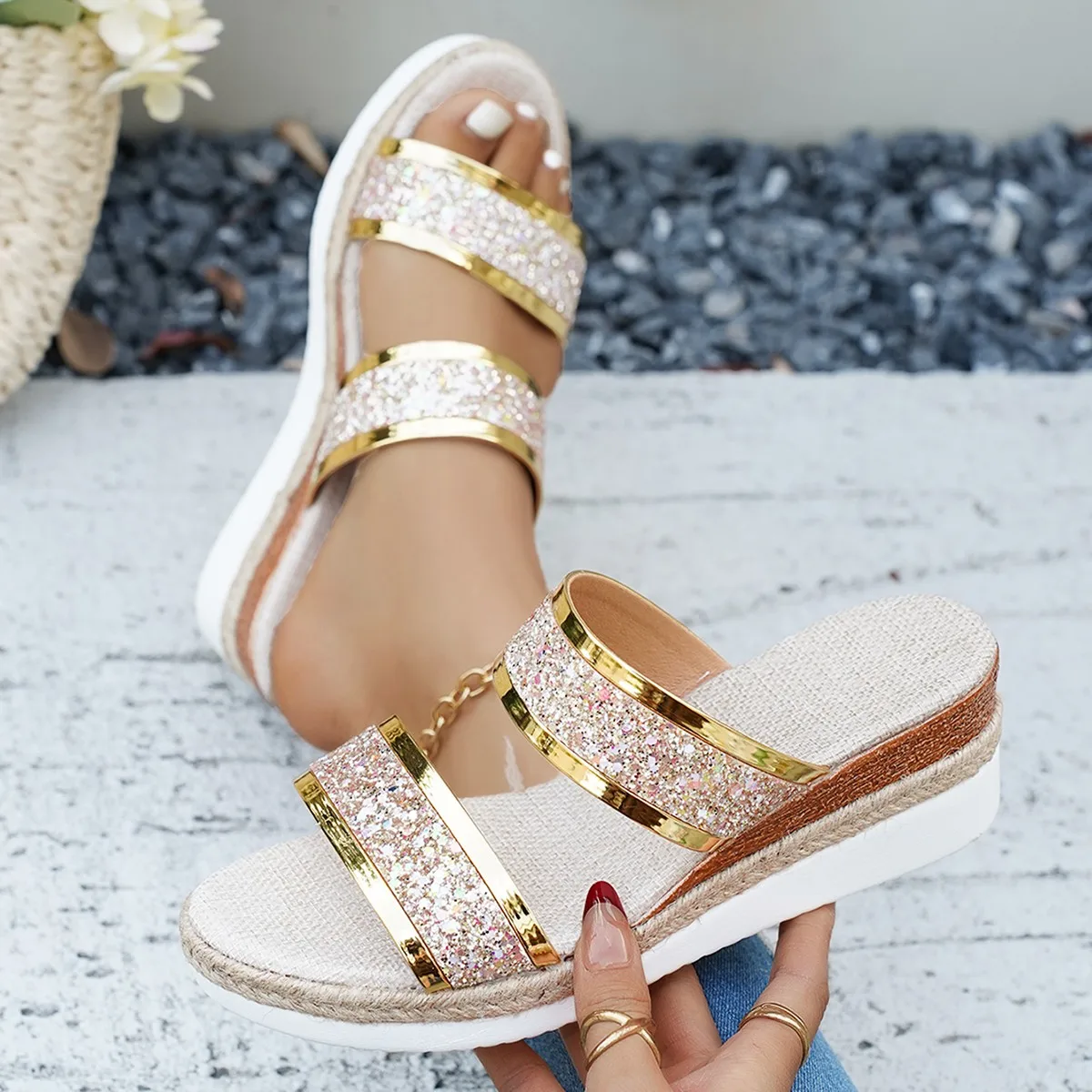 Women Wedges Sandals Lightweight Sexy Women Shoes 2025 New Outdoor Shiny Slippers High Heels Beach Sandals Luxury Platform Shoes