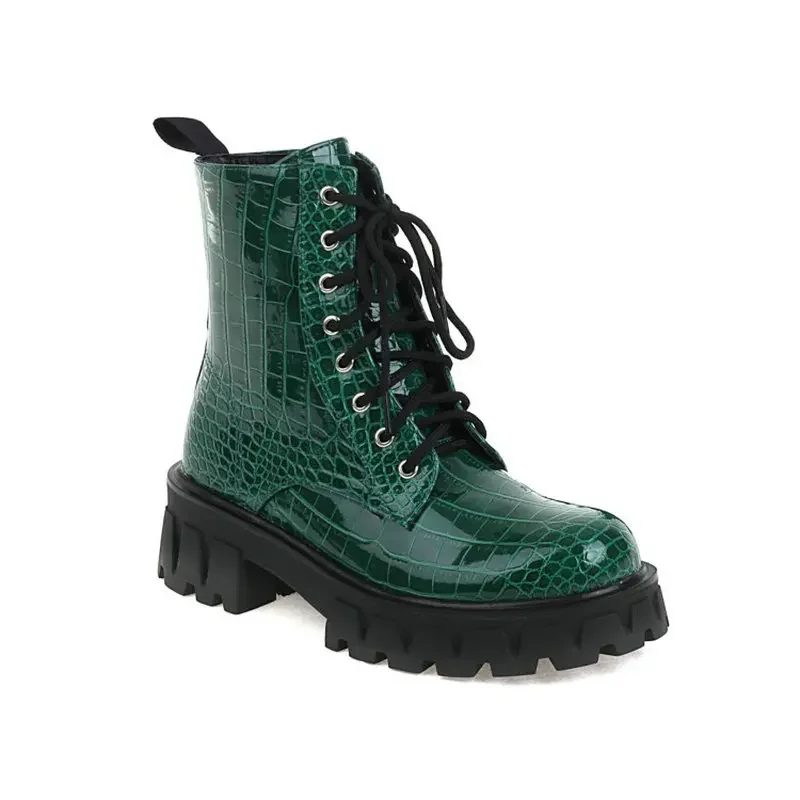 Sianie Tianie Green Yellow Womens Winter Shoes Crocodile Skin Pattern Thick Sole Platform Lace-up Woman Riding Ankle Goth Boots view 6