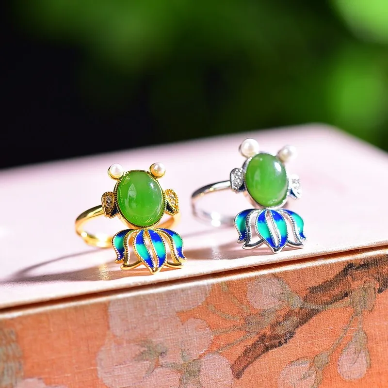 925Silver inlaid Hetian jade agate cabochon enamel goldfish ring with zircon and pearl, adjustable