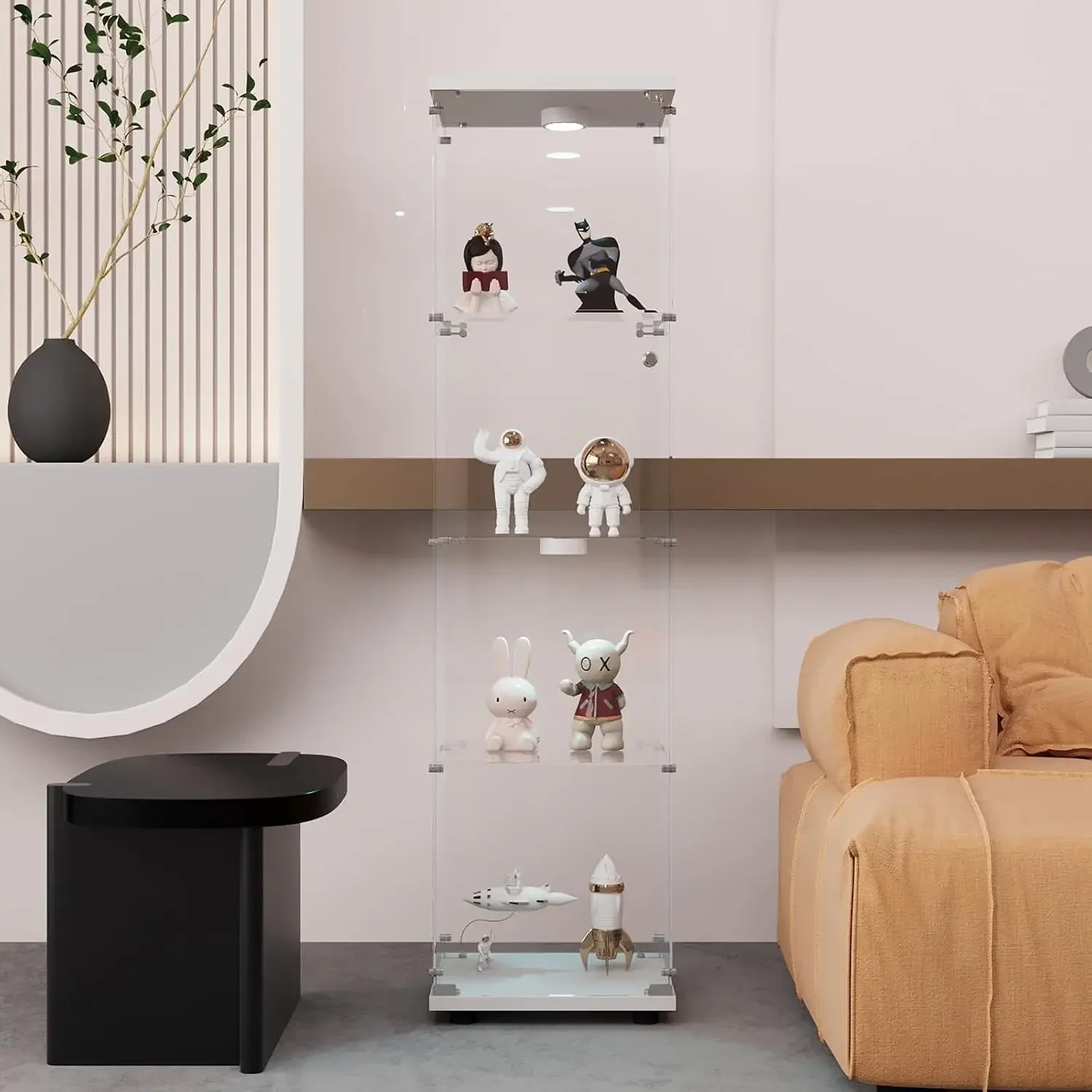 White Glass Display Cabinet With Led Light 4 Shelf Lock Collectible Case