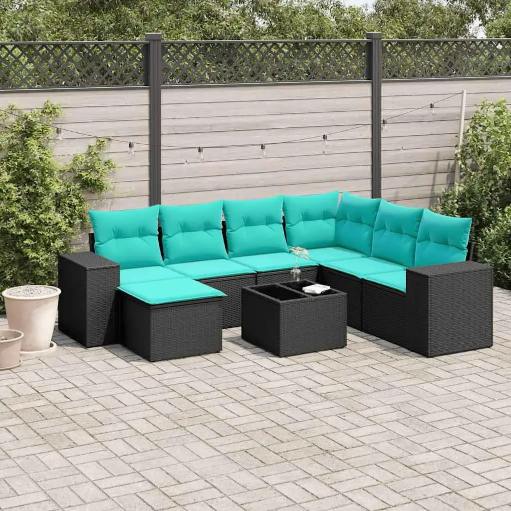 

8 Piece Black Rattan Patio Sofa Set with Cushions Outdoor Furniture Comfortable Seating Garden Lounge Set