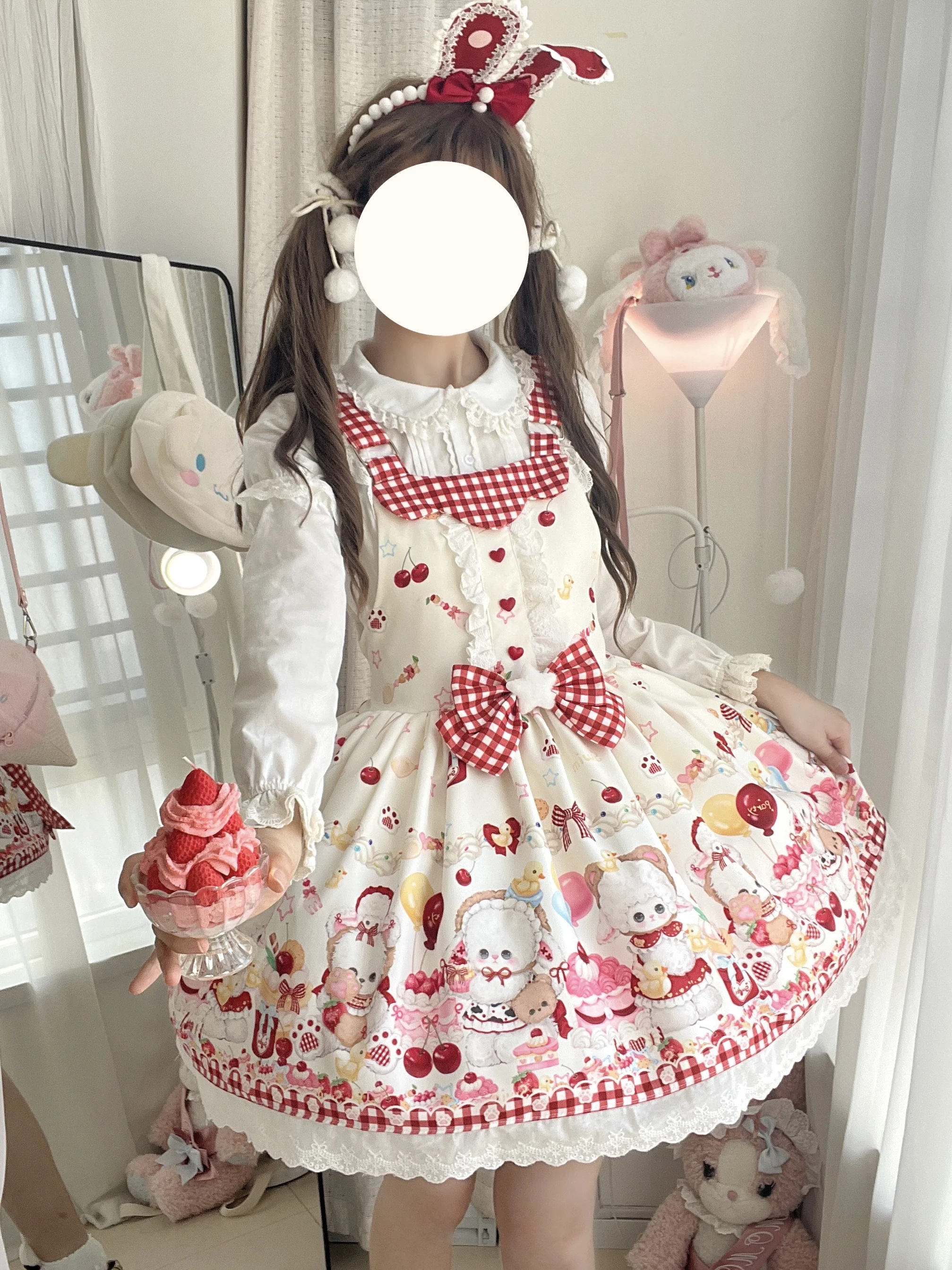 Lolita Oryginalna Autentyczna Urocza Sukienka JSK na Ramiączkach Damska Lolita Codzienna Uniwersalna Wiosenna Słodka Sukienka w Kratę na Lato