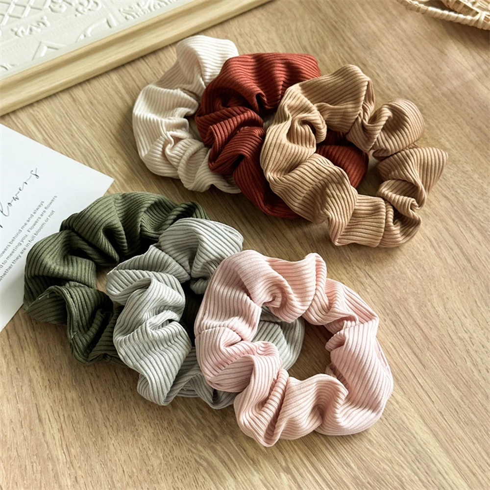 6Pcs/Pack Knitted Solid Color Hair Ropes Striped Hair Scrunchies Ponytail Holder High Elastic Rubber Ties Bands Hair Accessories