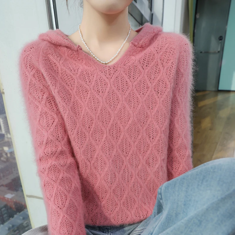 

100% Mink Cashmere Knitted Hoodie Sweater For Winter Pullover Women Long Sleeve Basic Elegant Warm Clothing Tops