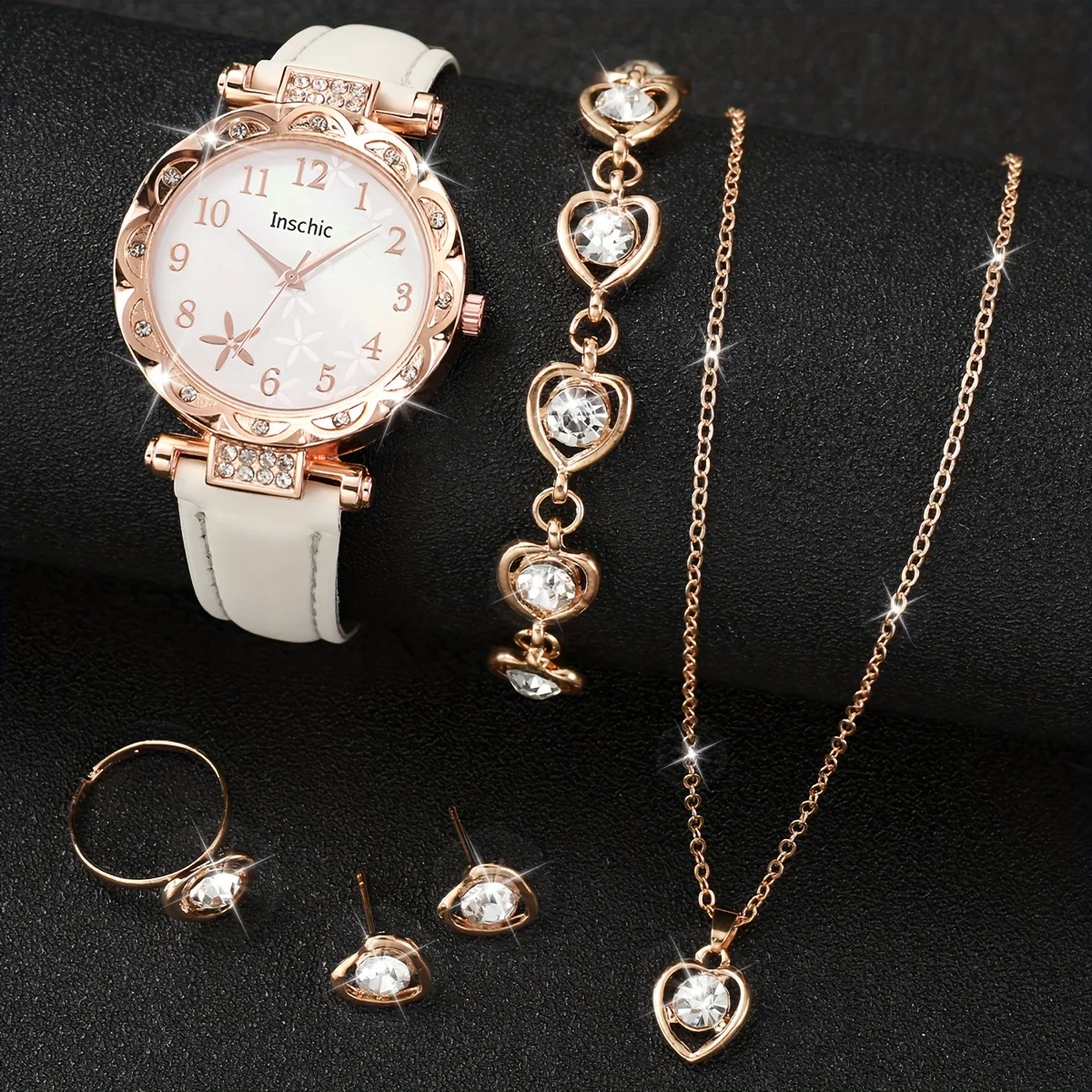 6pcs/set Glamorous Womens Elegant Flower Rhinestone Quartz Watch & Heart-Shaped Jewelry Set - Fashionable Analog Romantic