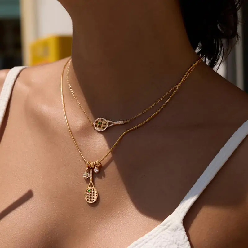 Sports Necklace for Women Girls Stainless Steel Colorful Zircon Tennis Racket Pendant Necklace Bracelet Set Jewelry Accessories