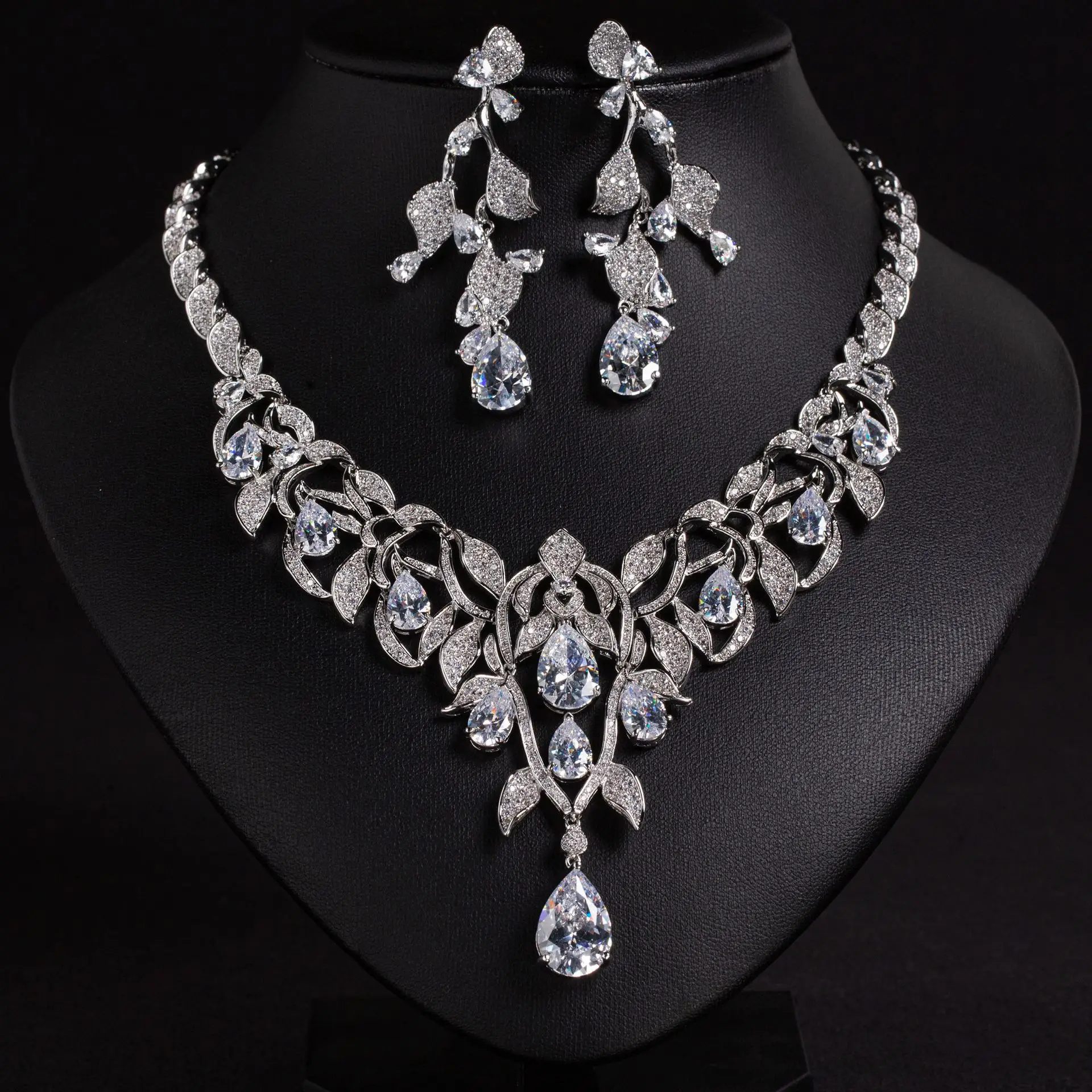 HIBRIDE New Leaf Drops Haute Sense Jewellery Necklace Earrings Set Dress Party Wedding Bridal Women Accessories S-539