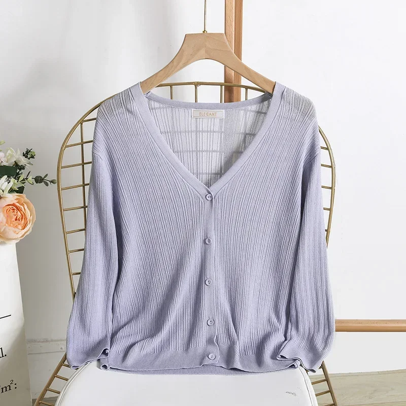 2024 Coat Ice Silk Knitted Sweater Knitted Cardigan Women\'s Summer Thin Version Sun Protection Vest Small Shawl Outer Layer