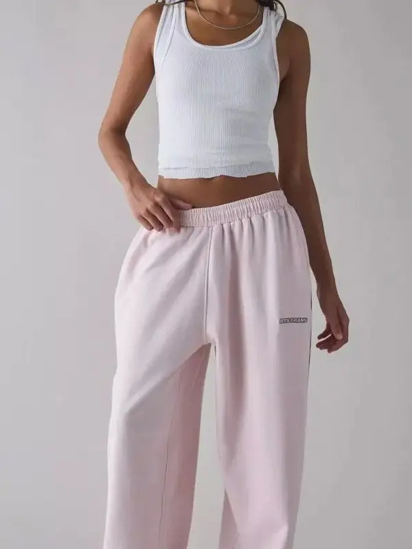 

Embroidered Casual Pants for Women Pure Color Loose Fit Straight Leg Elastic Waist Daily Wear Comfortable Breathable