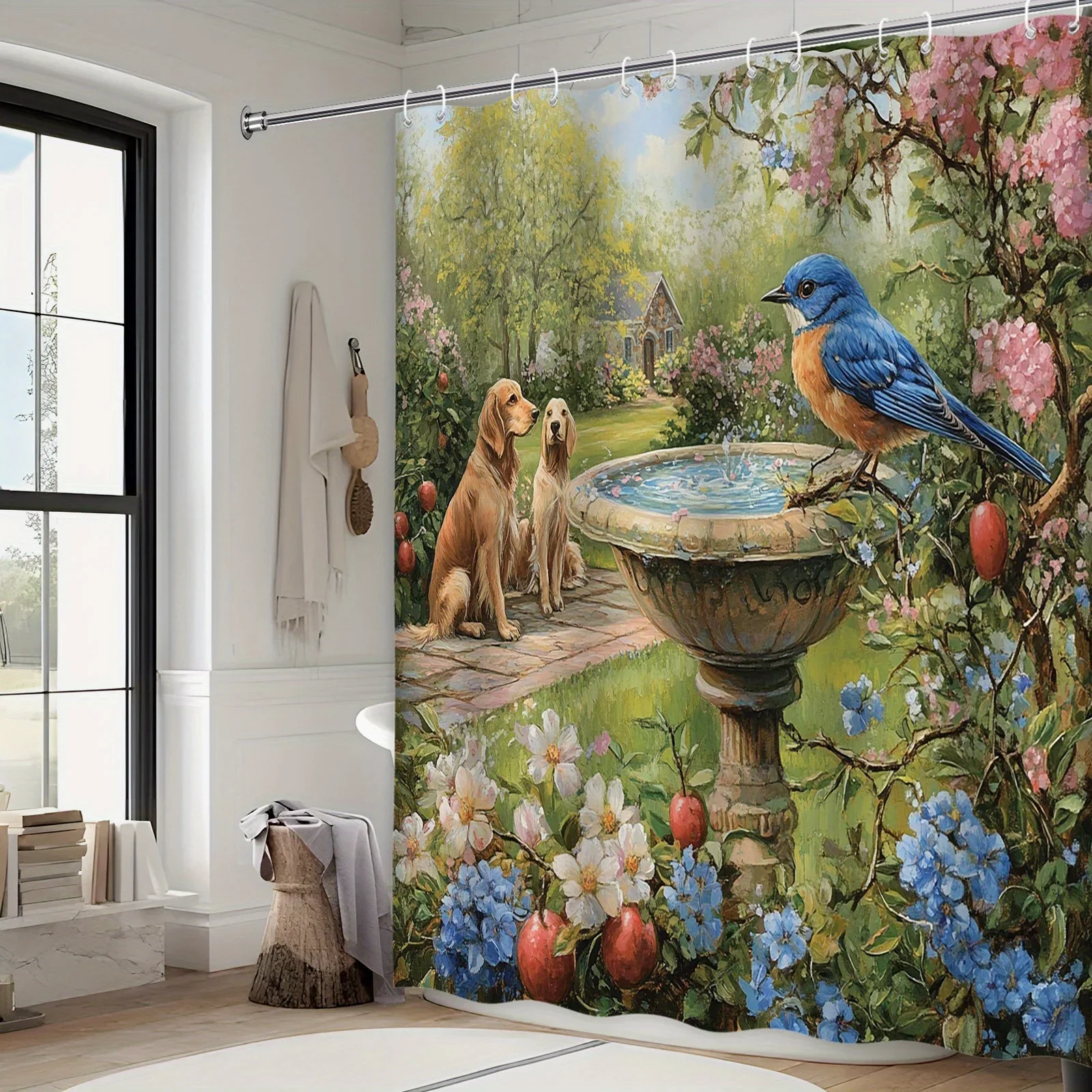 ~O~Serene Garden Bath Curtain - Blue Bird, Golden Retriever, Stone Fountain, Flowers, Machine Washable Polyester, Tranquil Scene