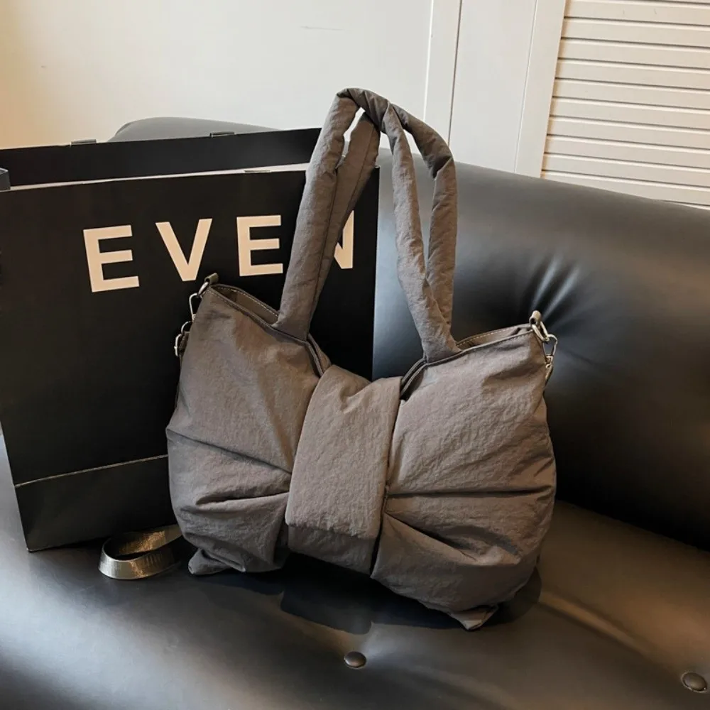 الكورية نمط Ruched Bowknot حقيبة كتف سعة كبيرة لينة النايلون مبطن حمل حقيبة التنقل القطن مبطن حقائب كروسبودي امرأة