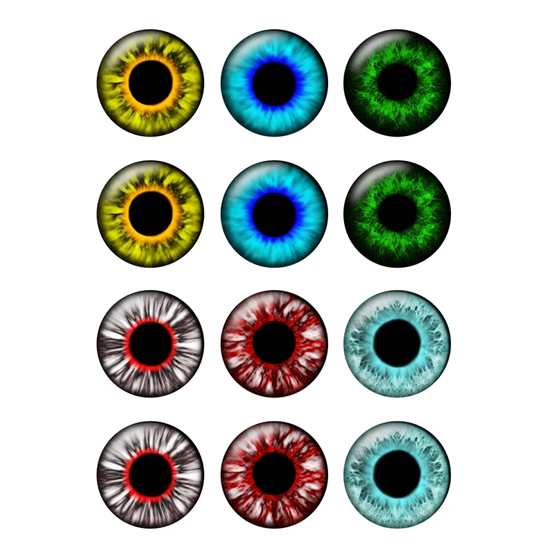 12pcs/lot Colorful Eye Pupil 10mm 12mm 14mm 16mm 18mm 20mm 25mm Round Photo Glass Cabochon Demo Flat Back Making Findings T102