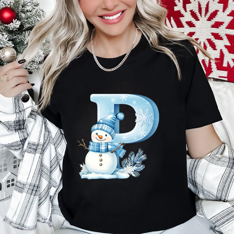 

Женская рождественская футболка с алфавитом A-Z, повседневная праздничная женская футболка с графическим рисунком, праздничный топ с принтом Санта-Клауса для рождественской и зимней моды