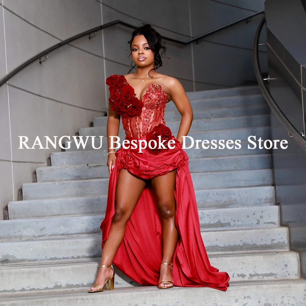 Sexy Glitter Red Prom Dresses Hi Low Sequined A Line Slit Evening Gown Birthday Party Gala Dress Customized