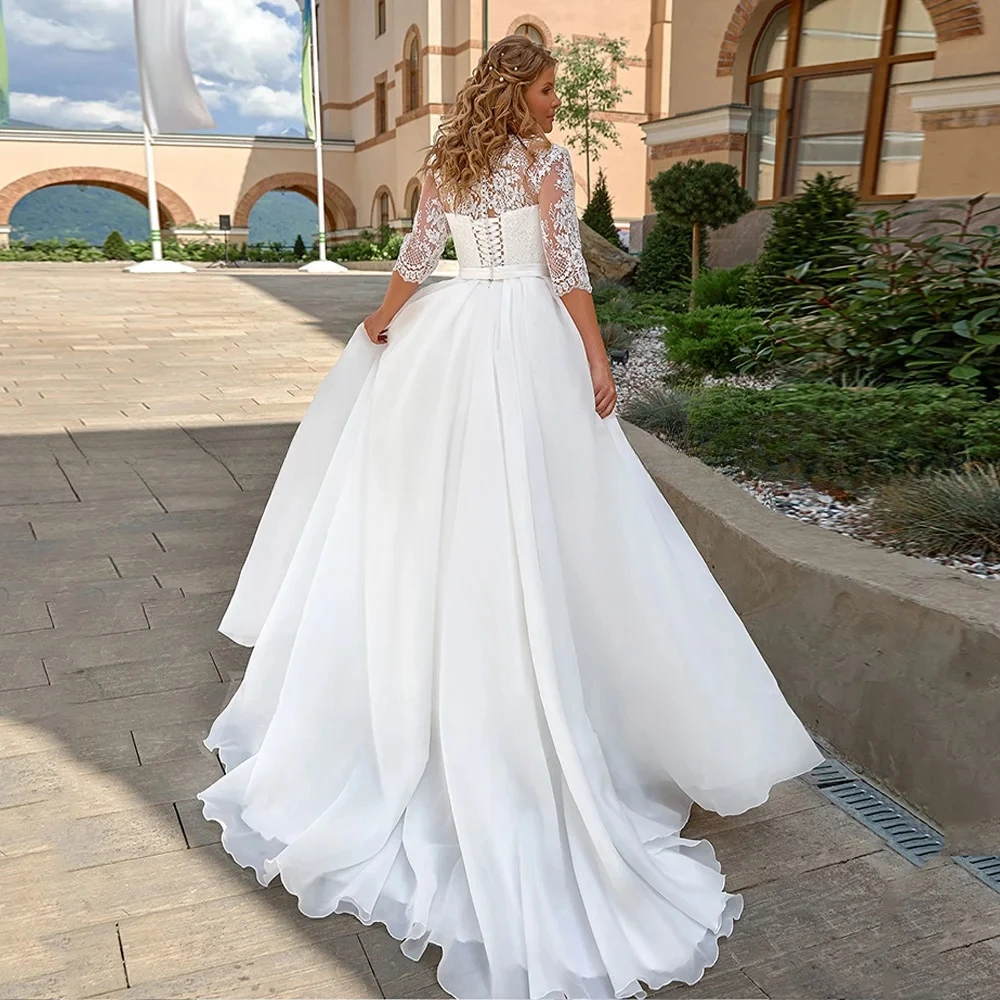 Vestido De novia personalizado De talla grande para novia, media manga, cuello en V, apliques, tren De barrido, línea A, vestido De novia De Organza, bata De novia