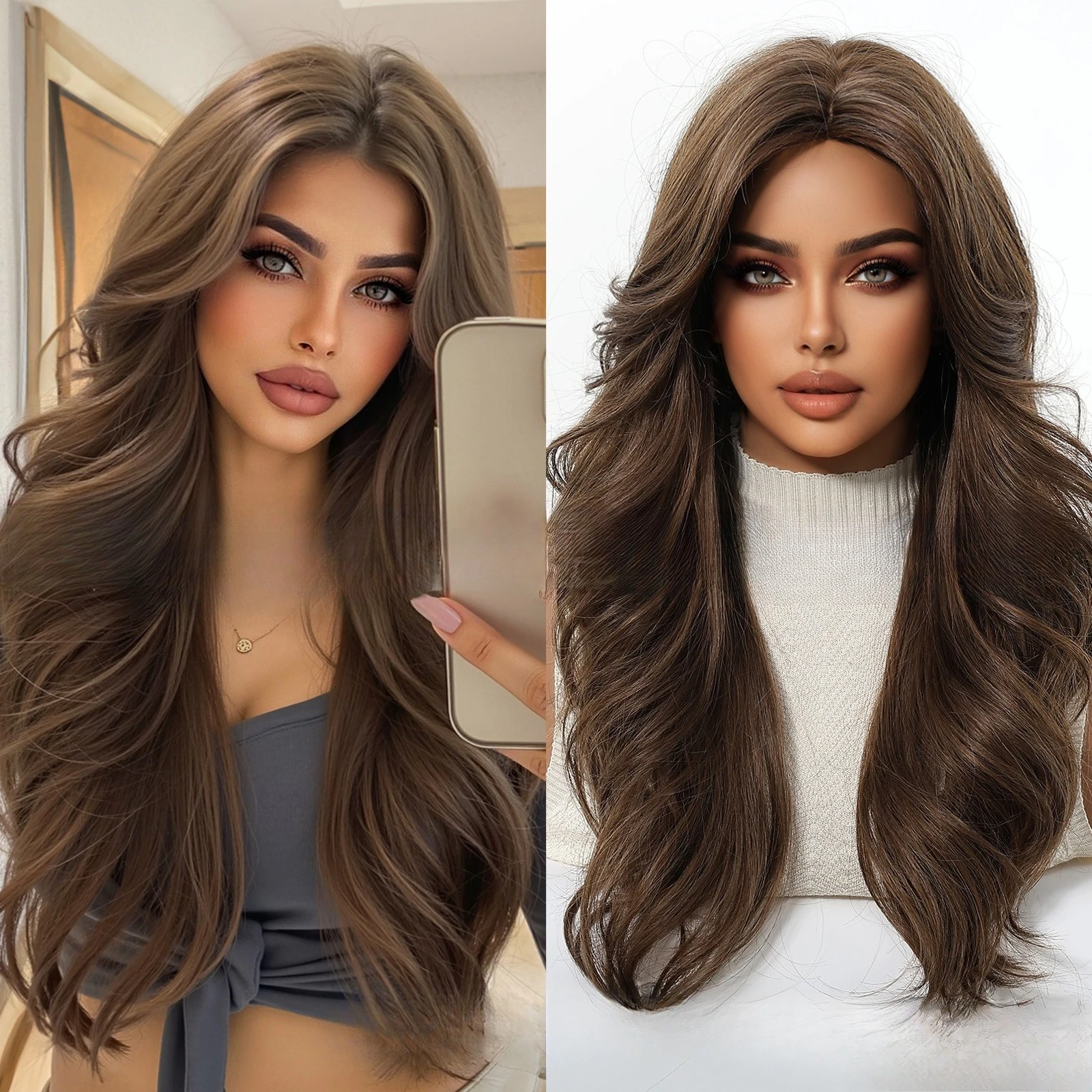 

Natural brown wig medium length curly hair full hood chemical fiber female wigs Europe and America