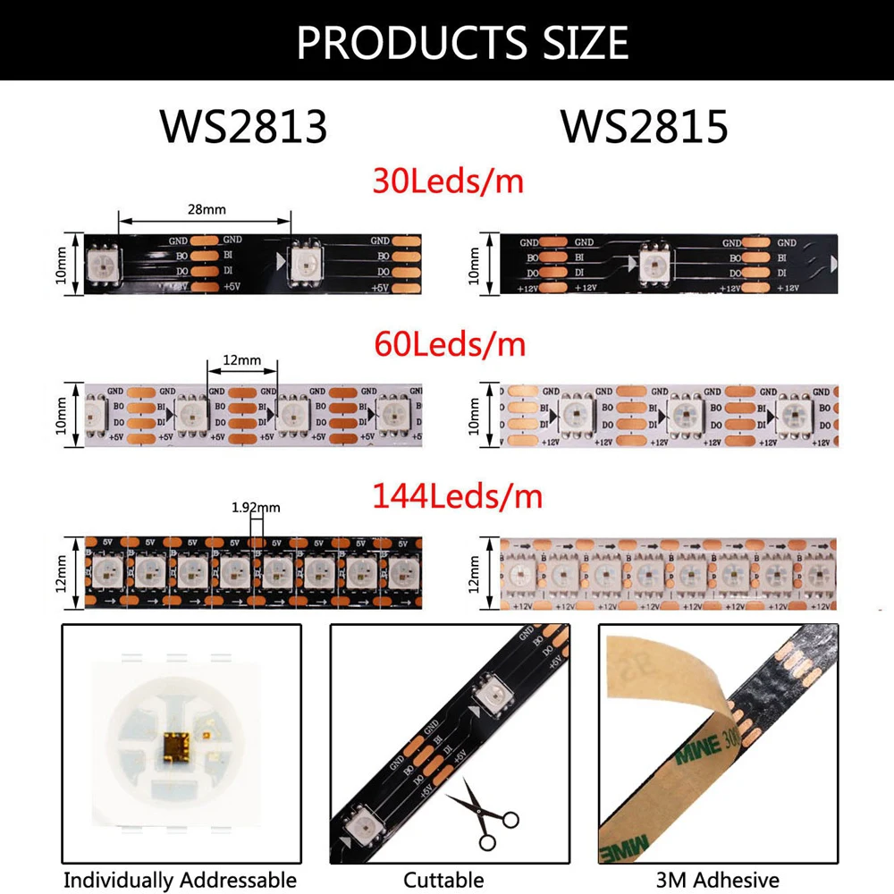 Imagem -03 - Fita de Iluminação Led Rgb Inteligente Endereçável Individualmente ic 30 60 144pixels Leds m dc 5v 12v Ws2811 Ws2812b Ws2813 Ws2815 5050
