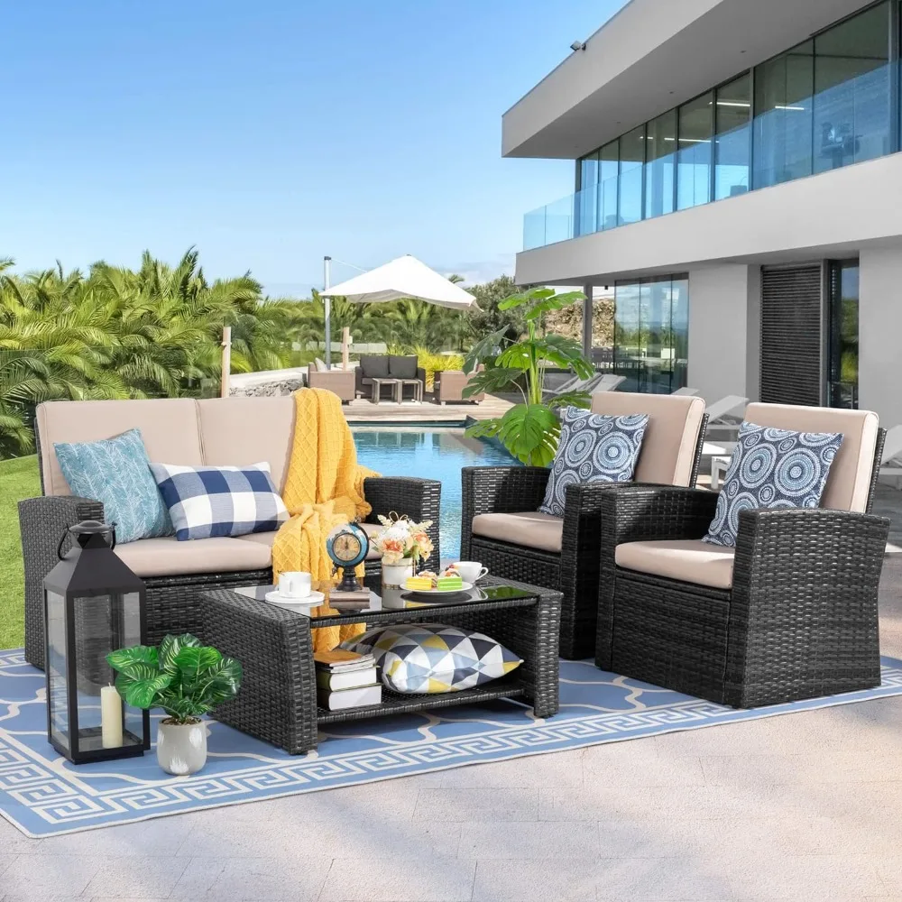 

4-Piece Outdoor Patio Furniture Set, Wicker Rattan Sectional Sofa Couch with Glass Coffee Table Black