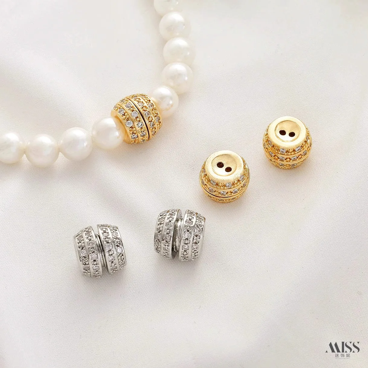14K Gold Plated, Full Zircon Inlaid Rotatable Screw Clasp, DIY Pearl Bracelet & Necklace Connector Accessories