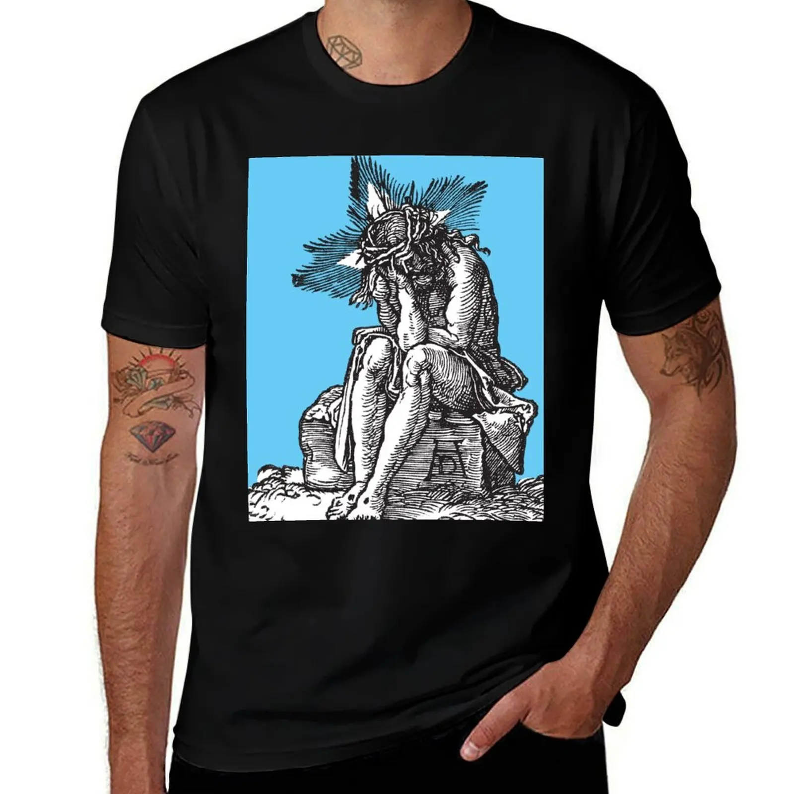 Jesus Christ The Man of Sorrows seated Small Passion Albrecht Durer engraving 1511 Retro bright cyan blue HD High Qualit T-Shirt