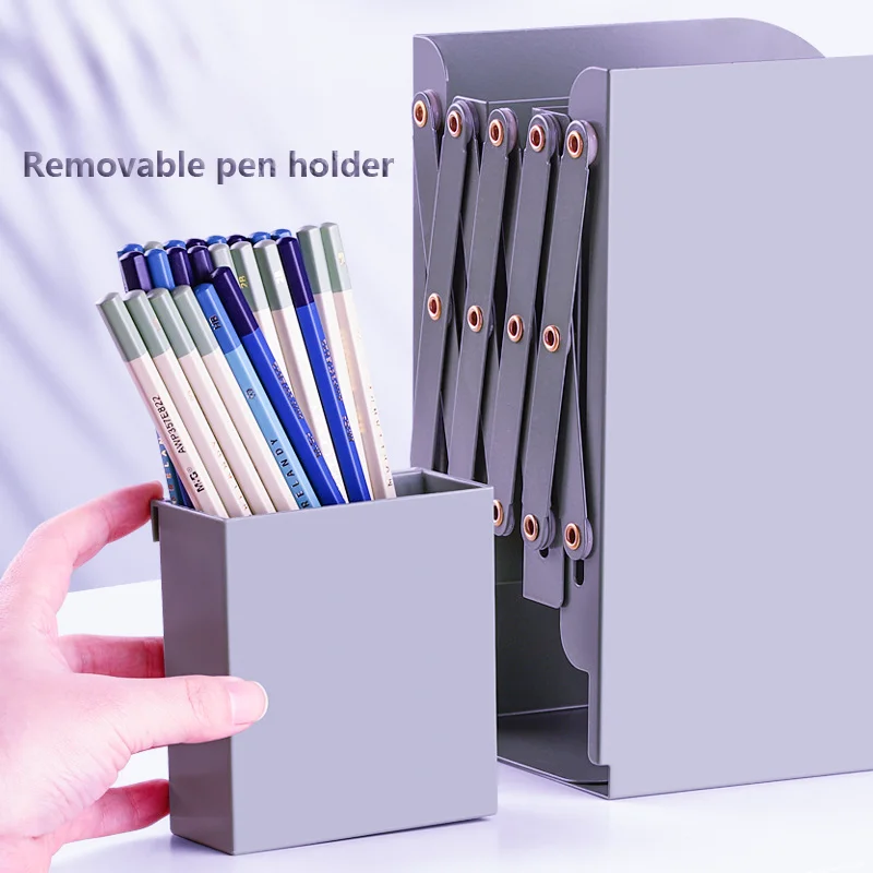 Adjustable Desktop Bookshelf Large Capacity with Pen Box Metal Telescopic Folding Storage Rack School Office Supplie Stationery