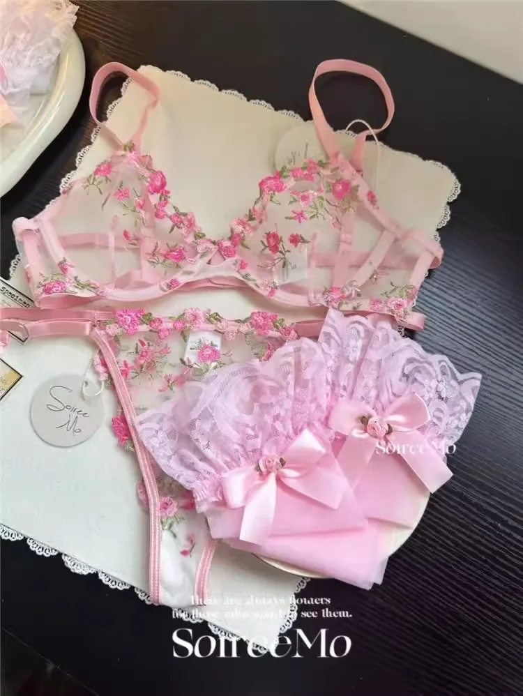 Vintage Französische Dienstmädchen-Sexy-Dessous, durchsichtiges Set mit Blumenstickerei, schwere Spitze, 32–38 AB, bequeme Unterwäsche in Übergröße MOYISU – Detail 17