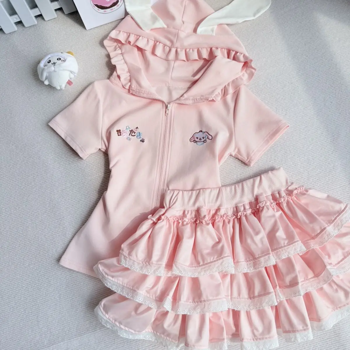 Japanese Soft Girl Sweet Skirt Sets Short Sleeve Cute Cat Ears Zip Hoodie + Lace Elastic Waist Mini Skirt 2 Pcs Sets Y2k Suits