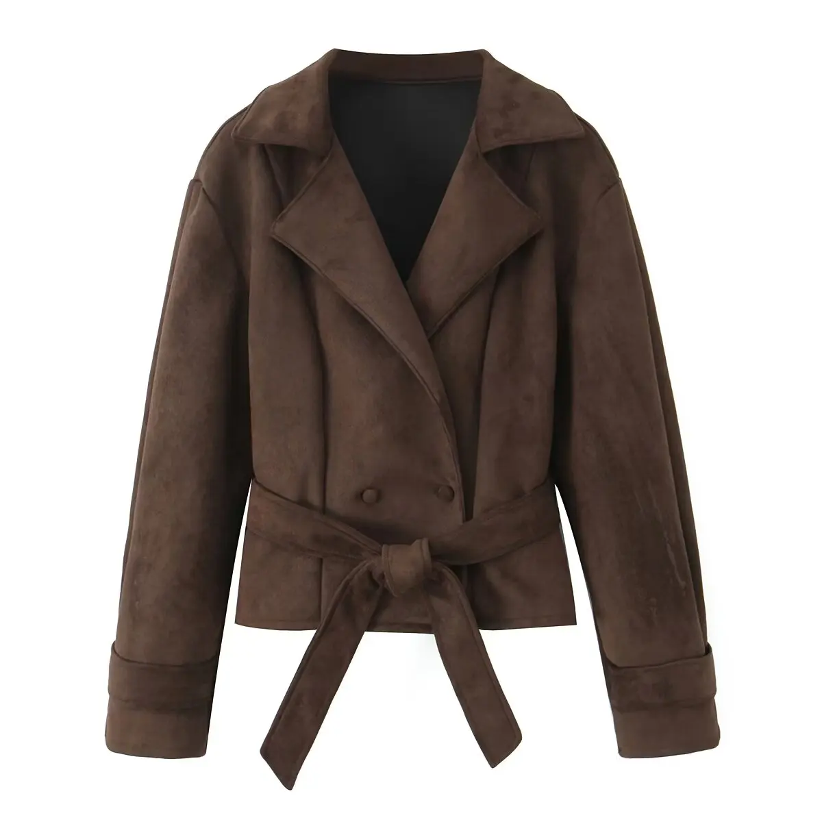 

Женская универсальная повседневная куртка H2824: модный воротник, пояс, длинный рукав, износостойкая ткань, двойная застежка на пуговицах