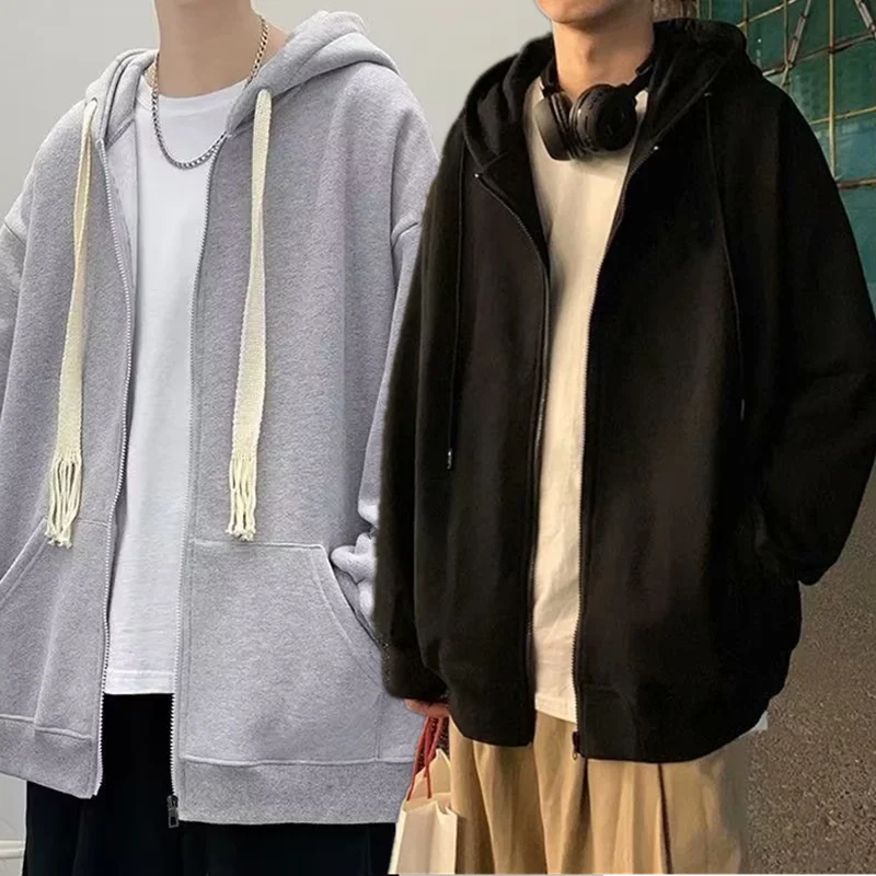

Мужская толстовка с капюшоном, модная однотонная оверсайз куртка в уличном стиле, весна-осень, в американском стиле, повседневная, свободного кроя, на молнии
