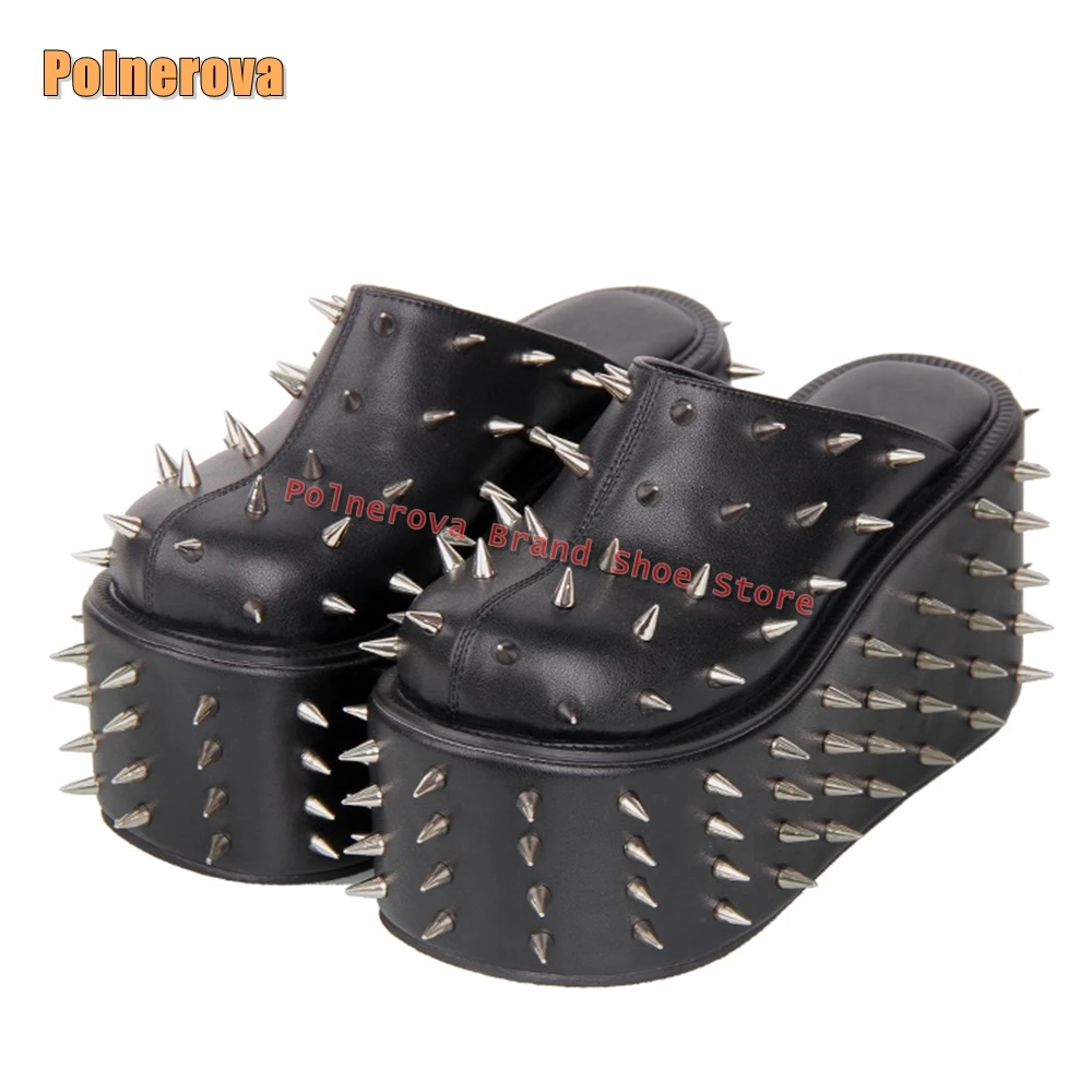 

Rivet Platform Shallow Punk Slippers Round Toe Wedges Height Increasing Slingback Black Cool Plus Size 35-48 Couple Mules Summer