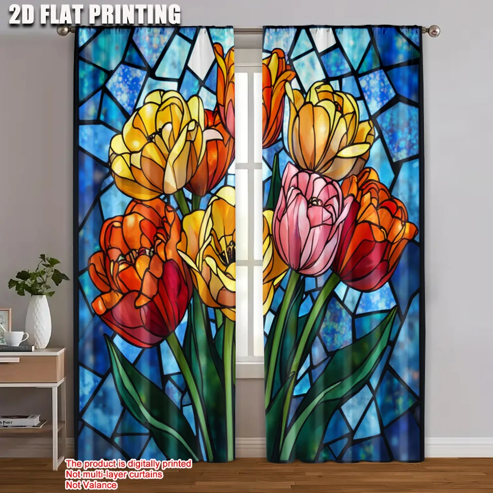 

2pc, Window Curtains Stained glass tulips Versatile 100% Polyester,Without Electricity Holiday Decorations Suitable for Festive