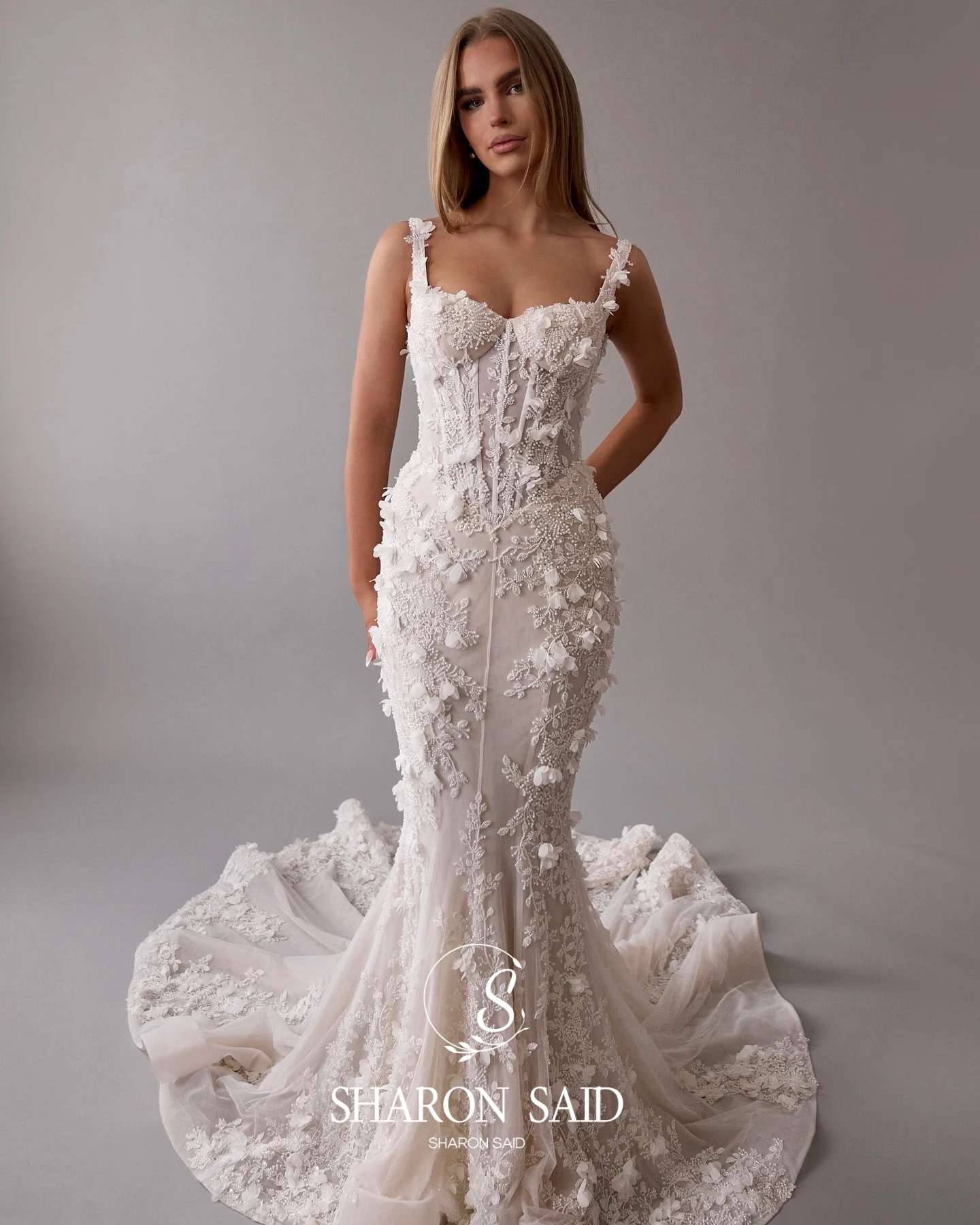 Sharon Said 2026 Modern 3D Flowers Mermaid Lace Off White Wedding Dress Sweetheart Vestido de noiva Bridal Gown SW067 Customized