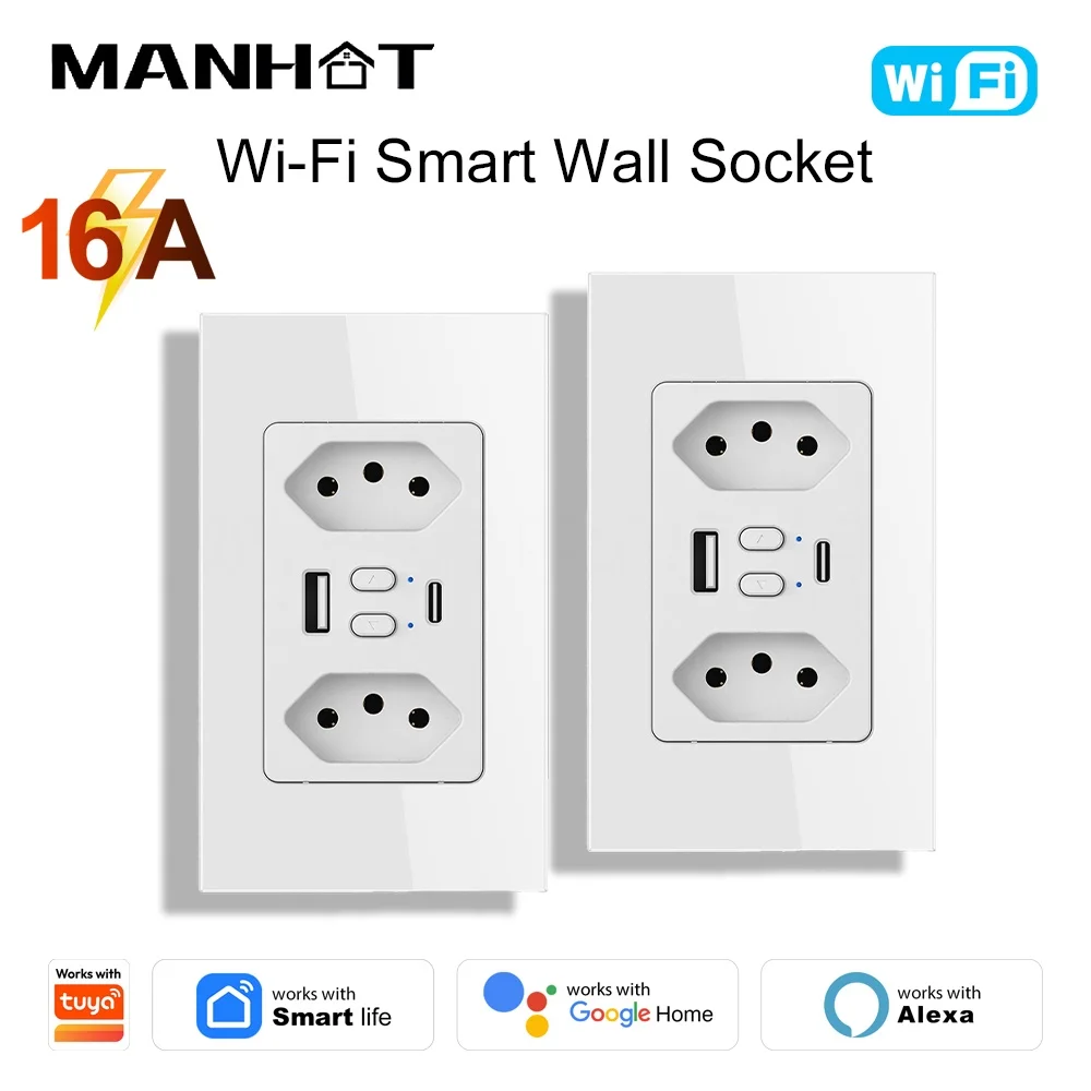 Manhot WiFi Brazil Smart Wall Socket 16A Dual Outlet USB Type-C Charge Port Power Plug Work For Smart Life APP Alexa Google Home