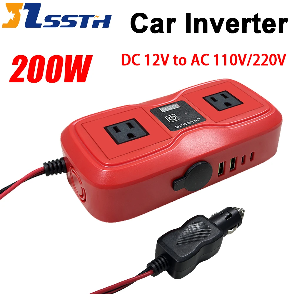 

200W Car Inverter DC 12V to AC 110V/220V Dual Type-C+2 USB Ports Power Inverter Adapter Car Phone Charger Cigarette Lighter