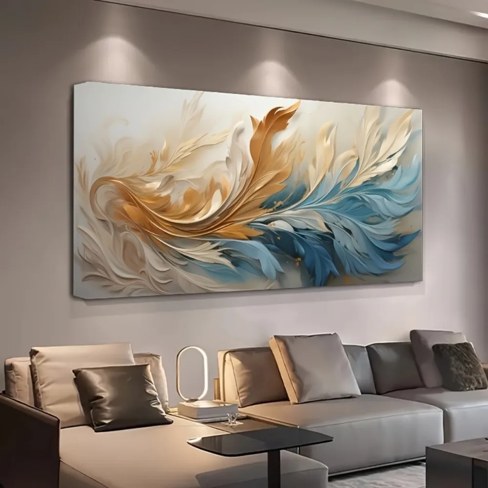 Modern abstract gold feather canvas art, suitable for interior decoration, 1.5 inch thick pine solid wood frame