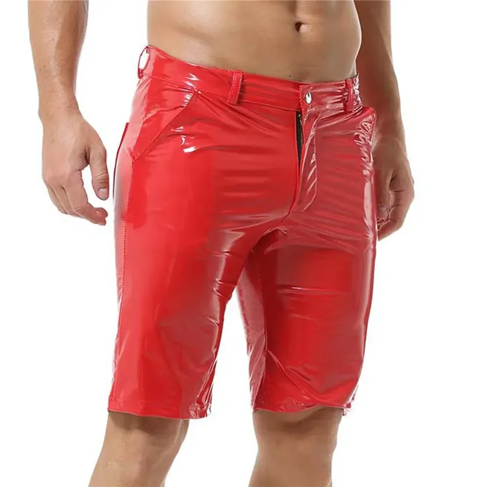 Men Casual PVC Leather Shiny Shorts Fashion Men Solid Color Wet Look Leather Short Pant Slim Clubwear Stage Performance Costume