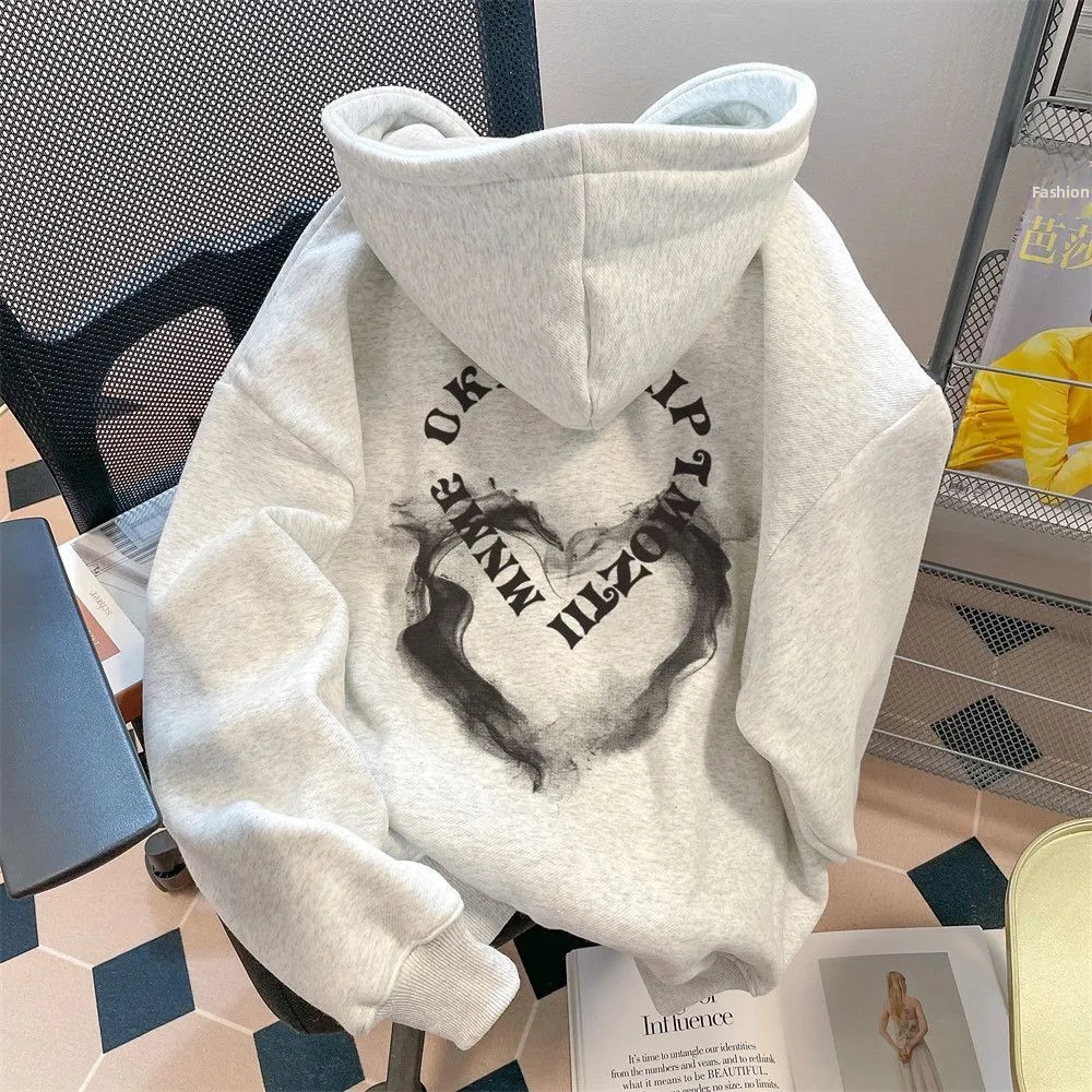 

Утепленная флисовая толстовка с капюшоном, очень большой размер, 300 г/м², с принтом в виде сердца и букв, осенне-зимняя новинка, теплая верхняя одежда, топ