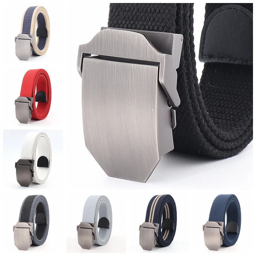 Men's Military Style Canvas Belt with Auto-Lock Buckle Thickened Denim Waist Strap Country Fashion Accessory for Casual Wear