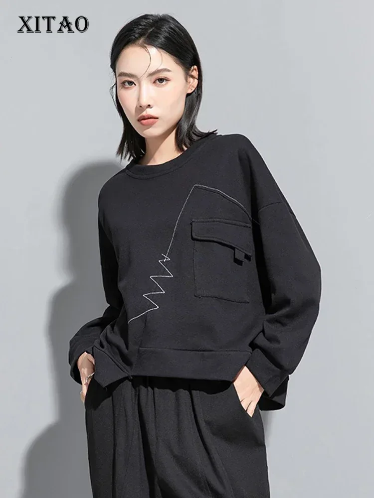

XITAO Pocket Patchwork O-neck Pullover Sweatshirts Solid Colour Long Sleeve Personality All Match Tops 2025 Autumn Casual LJ1002
