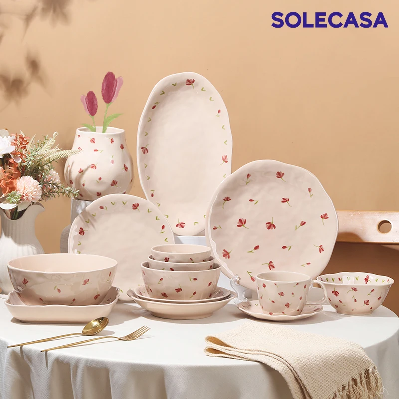 SOLECASA Keramik-Essteller, Suppenschüssel, Reis, Salatschüssel, Kaffeetasse, Blumenmuster, Küche, Geschirr, Abendessen, mikrowellengeeignet