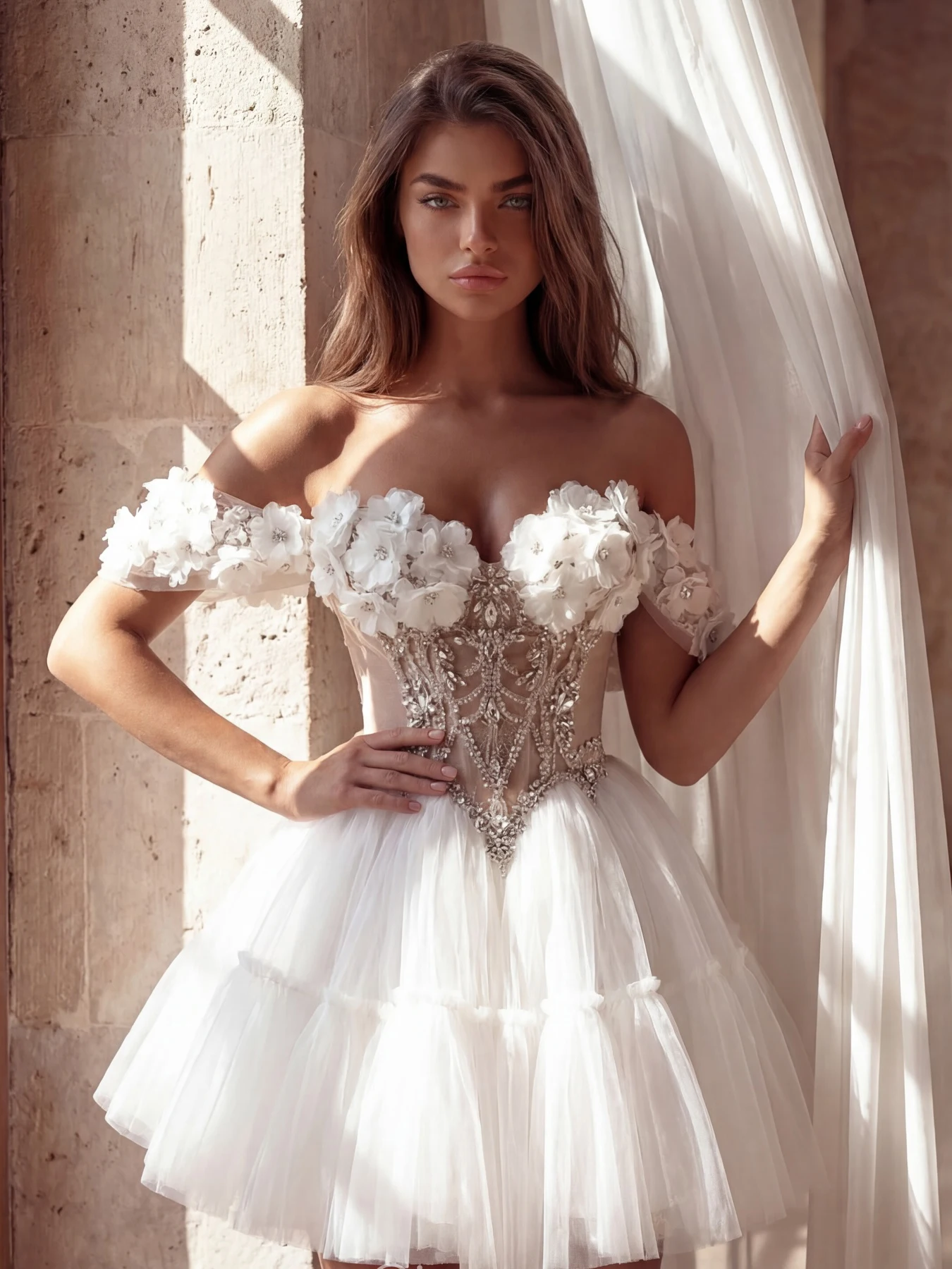Sharon Said Short Wedding Dress Off Shoulder 3D Flowers Crystal Beaded Mini Tulle Bridal Gowns SW238 Customized