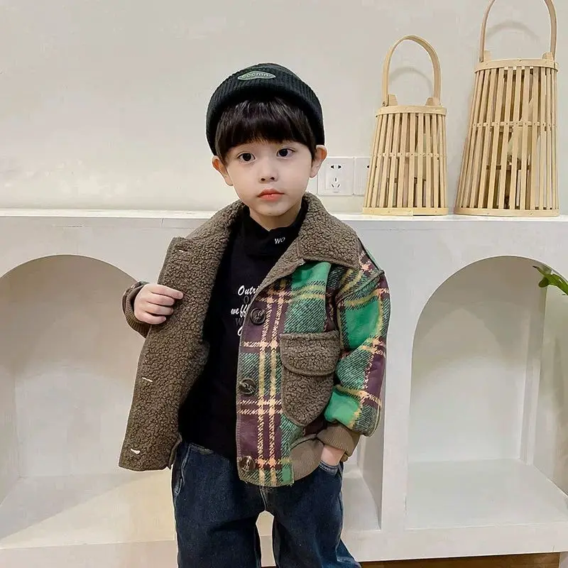 

Стильное клетчатое пальто для мальчиков с флисовой подкладкой, теплая зимняя верхняя одежда для младенцев и малышей, легкая фланелевая весенне-осенняя одежда