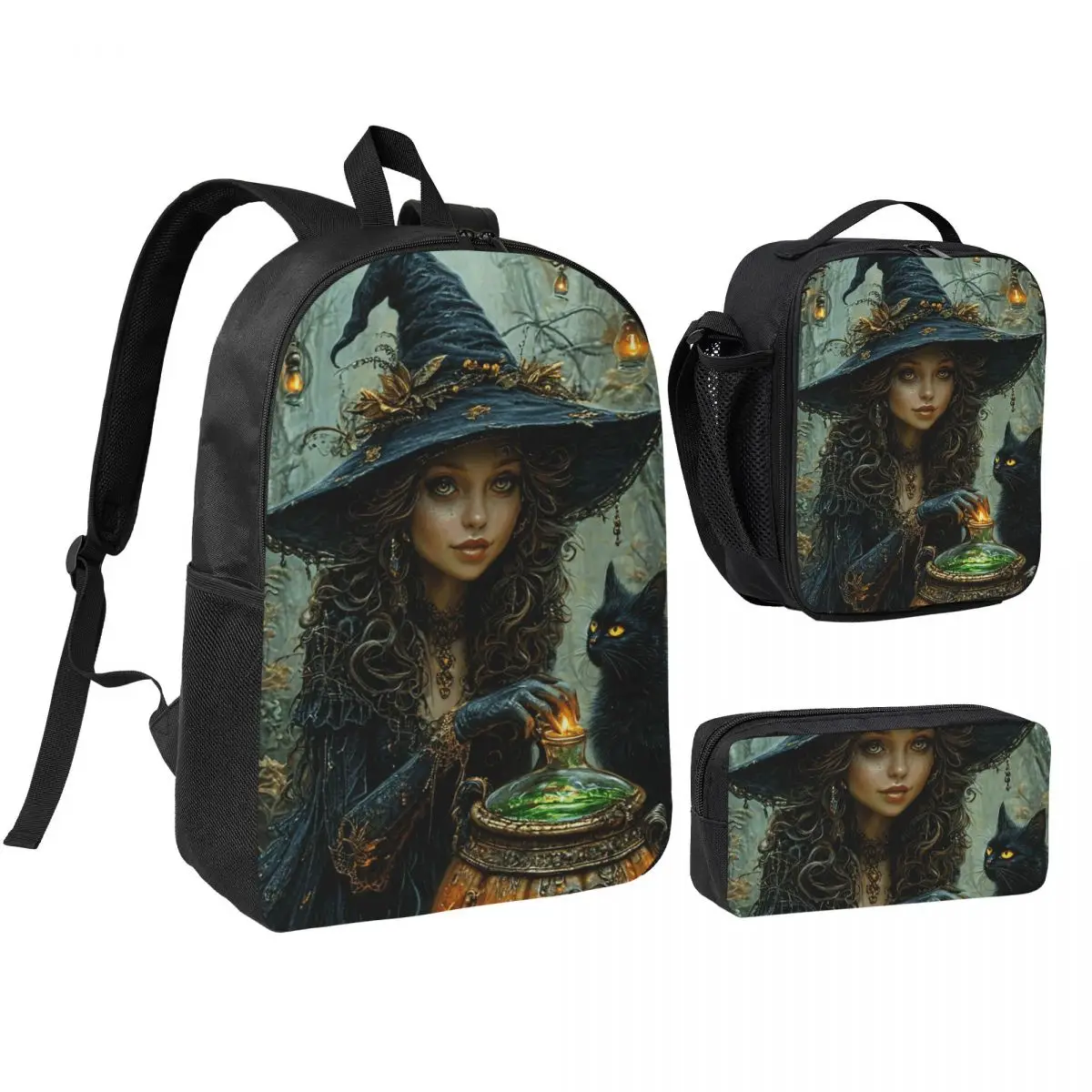 Enchanting Witch And Cat Fantasy Potion Backpack Student BookBag School Bag Shoulder Bags 3ps Insulated Lunch Bag Pencil Case