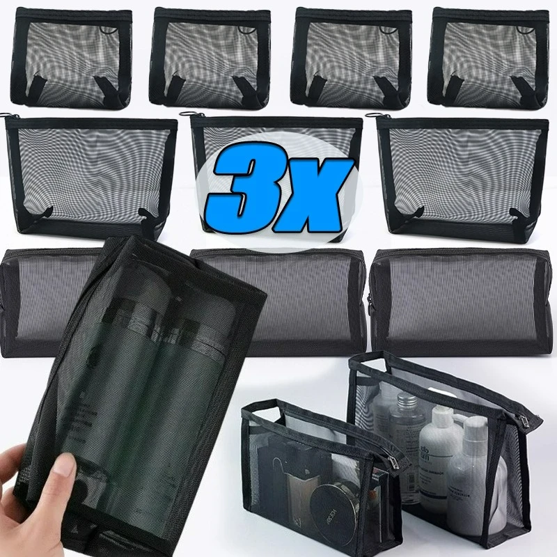 3pcs Black Mesh Makeup Bag Small Large Organizer Set Cosmetic Pouch with Zipper Breathable Suitable for Travel Storage Pouch