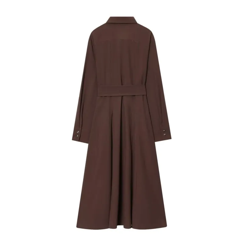 Spring Autumn Women Shirt Dress with Belted Turn Down Collar Women's Dress Long Sleeve Lady Dress Pleated Hem Female Party Dress