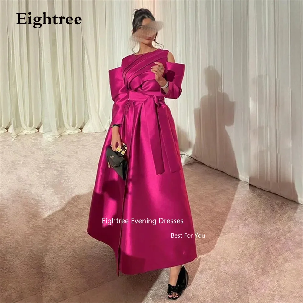 Eightree Vintage Prom Dresses Satin Saudi Long Sleeves Party Dress A Line Belt Pleat Evening Dresses Dubai Abendkleider 2024