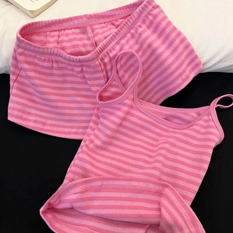 Summer Women 2‑Pieces Striped Pajama Loungewear Set Pink Striped Camisole Short Pants Thin Soft Breathable Ladies Home Sleepwear image 3