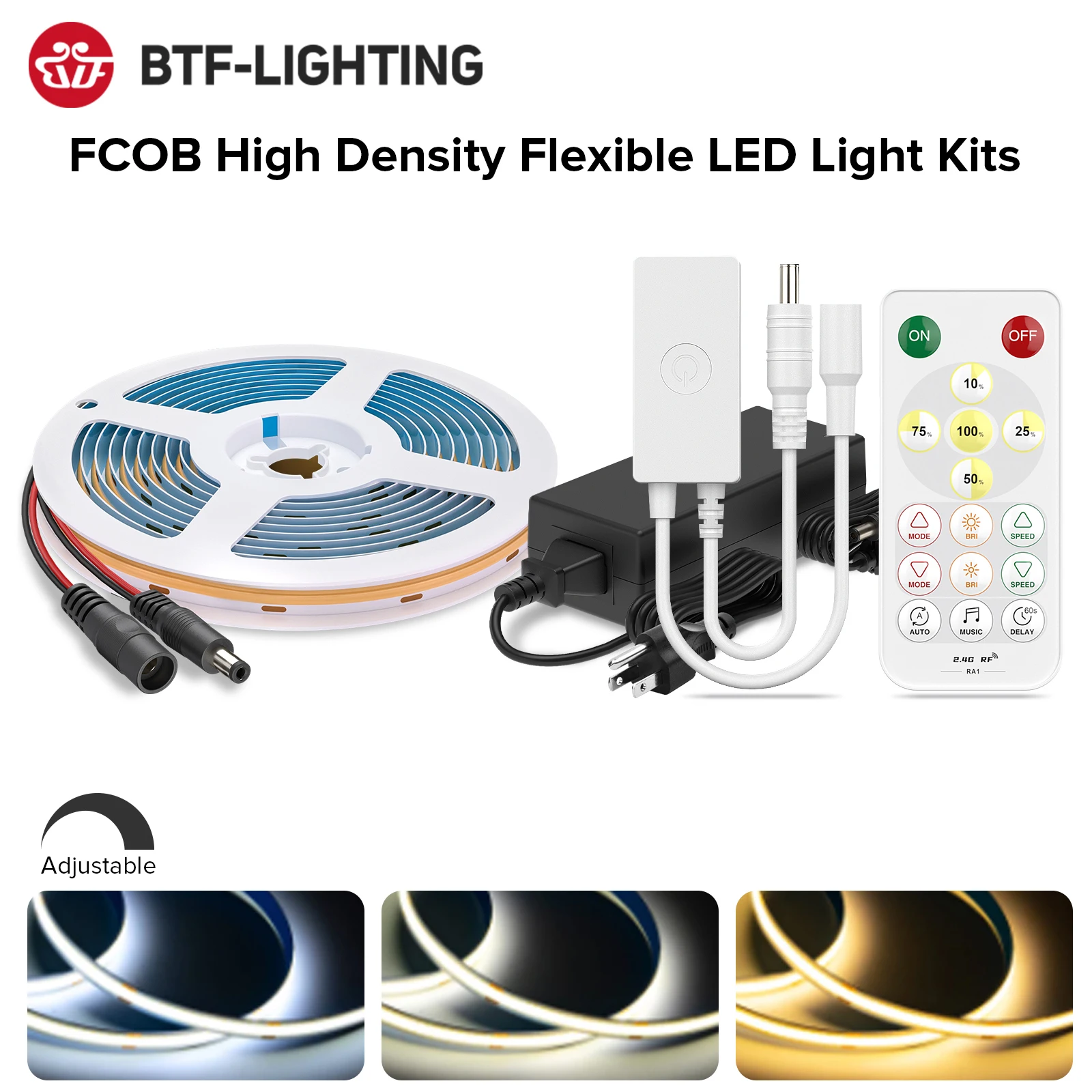 FCOB Led Lights for Bedroom RF16 Keys Dimmable Full Set High Density Room FOB COB Led Light Strips Warm Nature Cool White DC24V