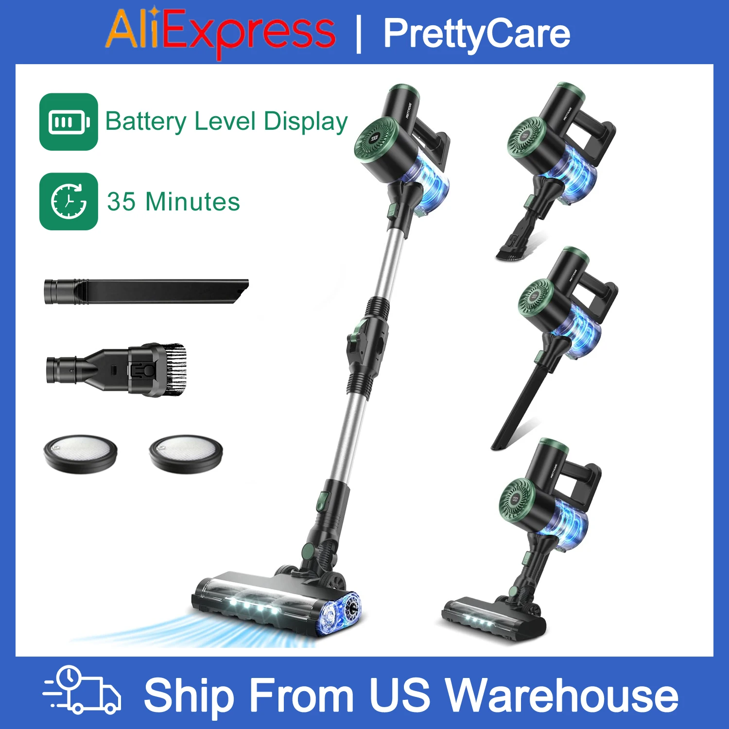 PrettyCare WP1 Cordless Vacuum Cleaner 25 Kpa 35Minutes Stick Vacuum Cleaner With Battery Level Display For Home Pet Hair Area